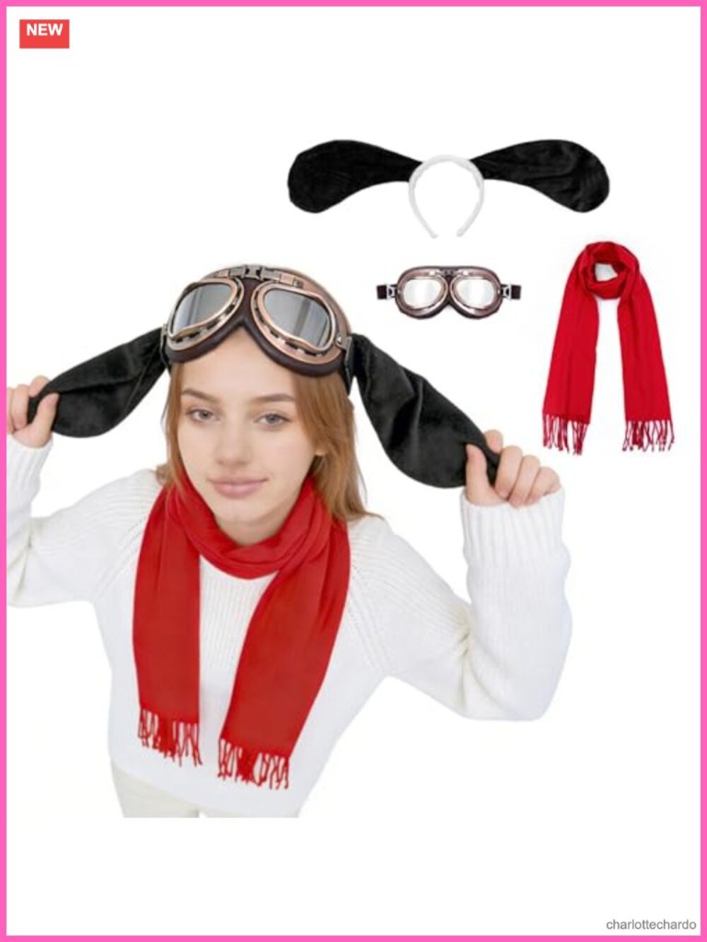 3pc Dog Cosplay Costume Set Aviator Goggles Ears Headband Scarf